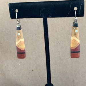 Unique wooden handmade earrings from New Hampshire with opal esque inlay